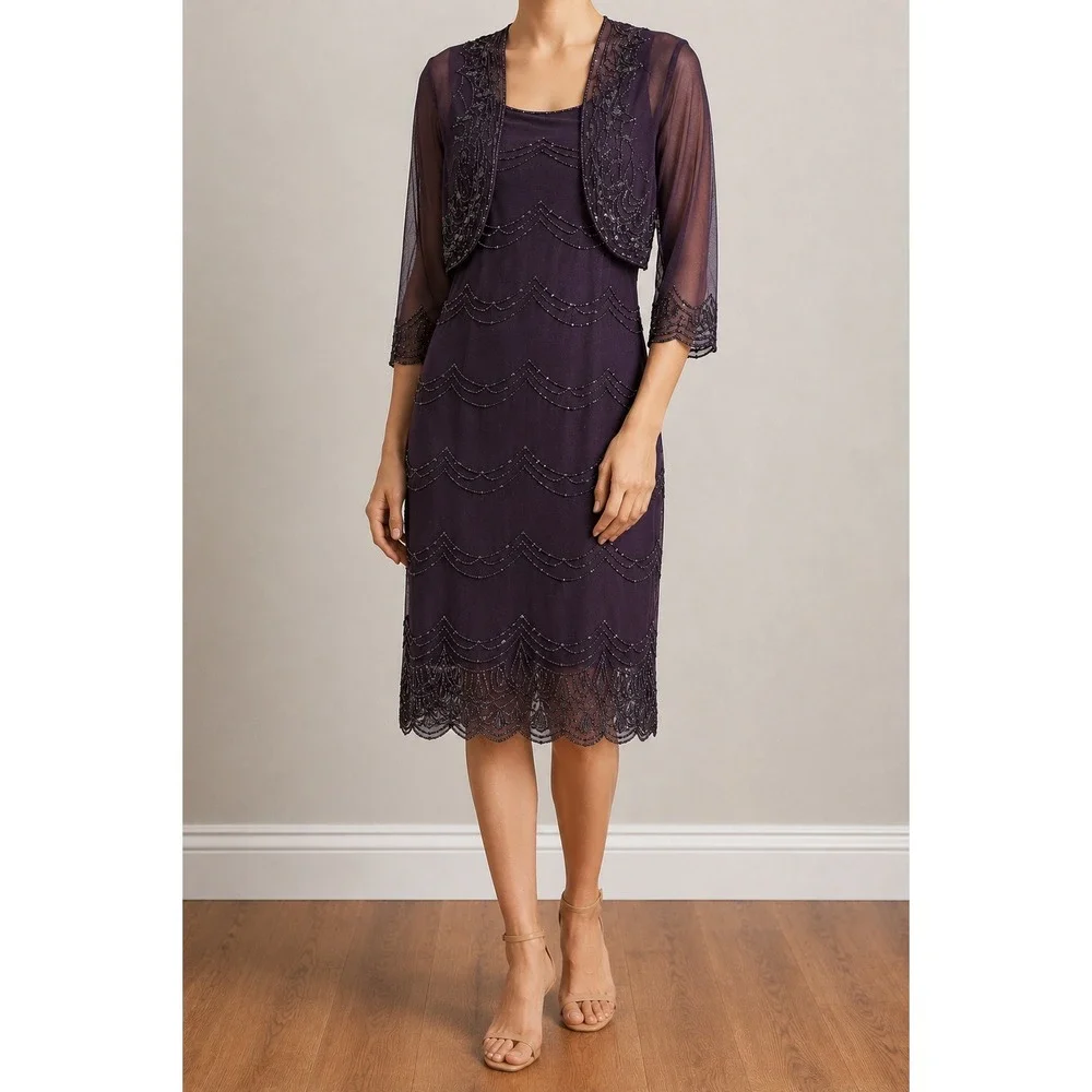 Vintage Art Deco Beaded Purple Mesh Midi Dress Bolero Set Rayon Cocktail Gatsby